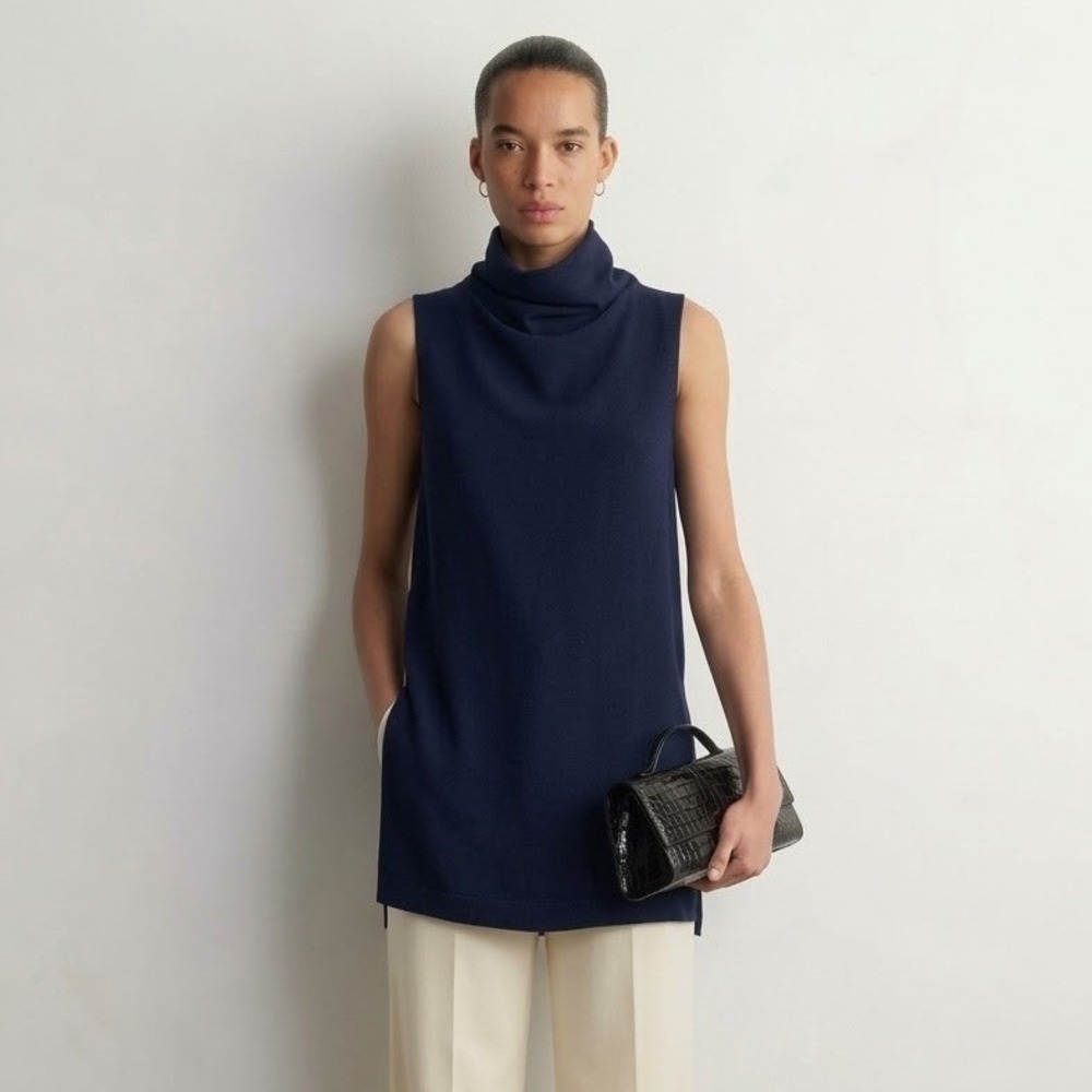 COS Wool Cotton Cowl High Turtleneck Long Sweater Vest Navy Blue Side Slits XS